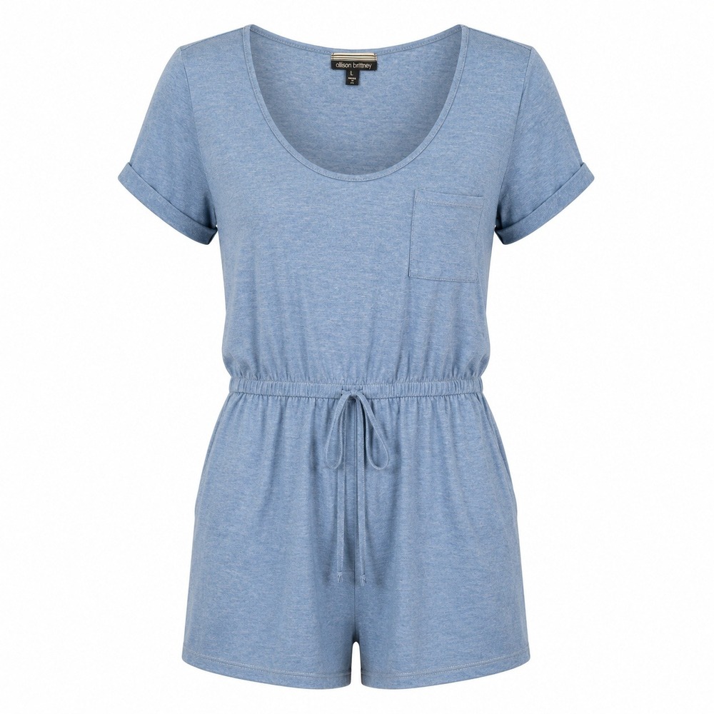 Allison Brittney Romper Womens Large Blue Short Sleeve Pocket Elastic Waist